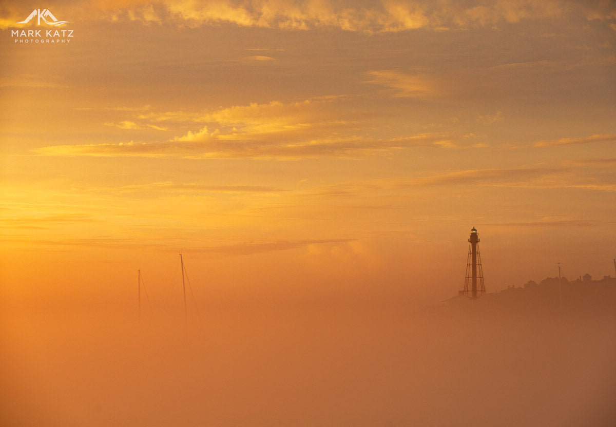 Golden sunrise illuminating foggy sky, atmospheric golden fog fine art photography for dramatic decor.