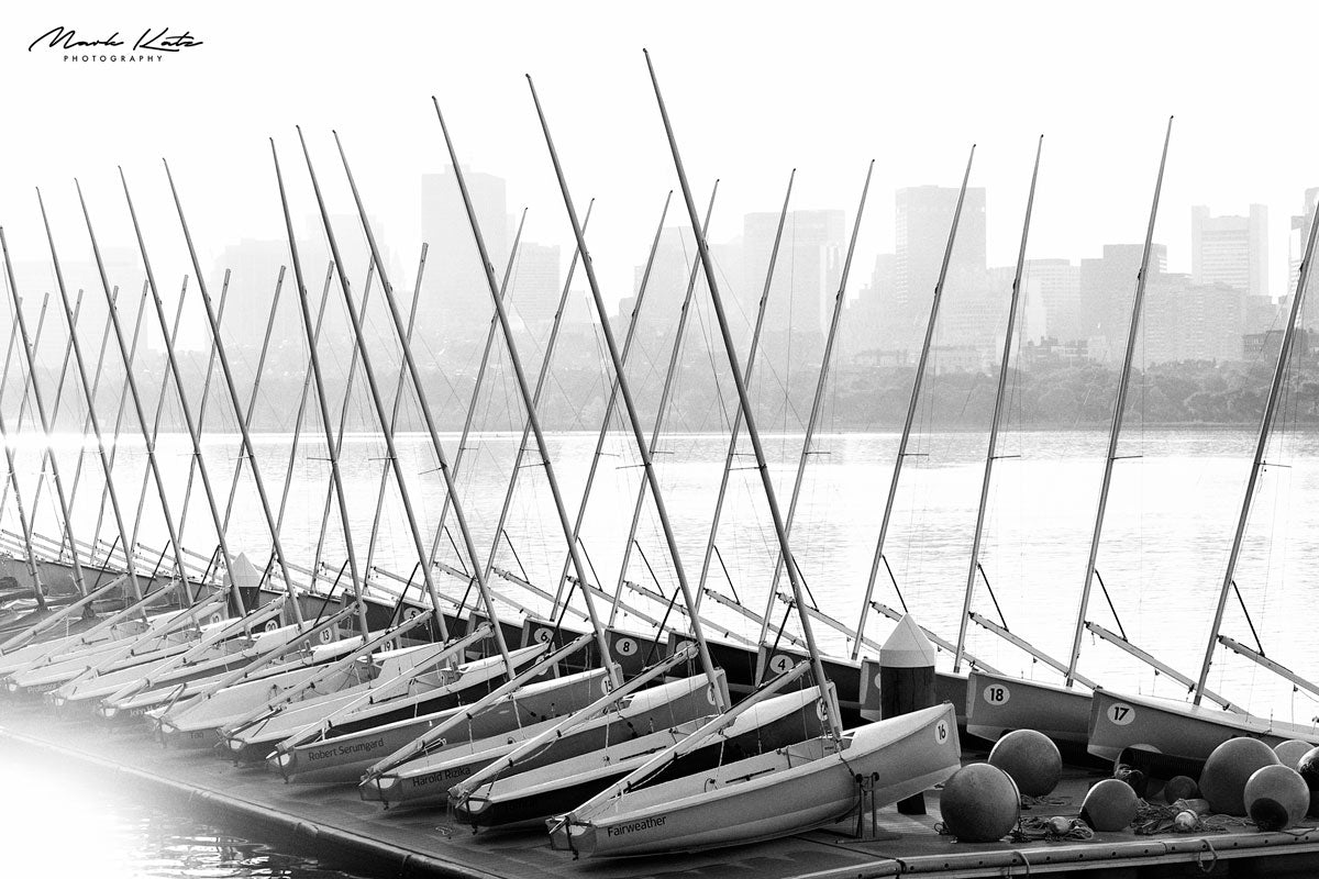 Boston sailboats drenched in soft morning light, modern minimalist fine art photography print.