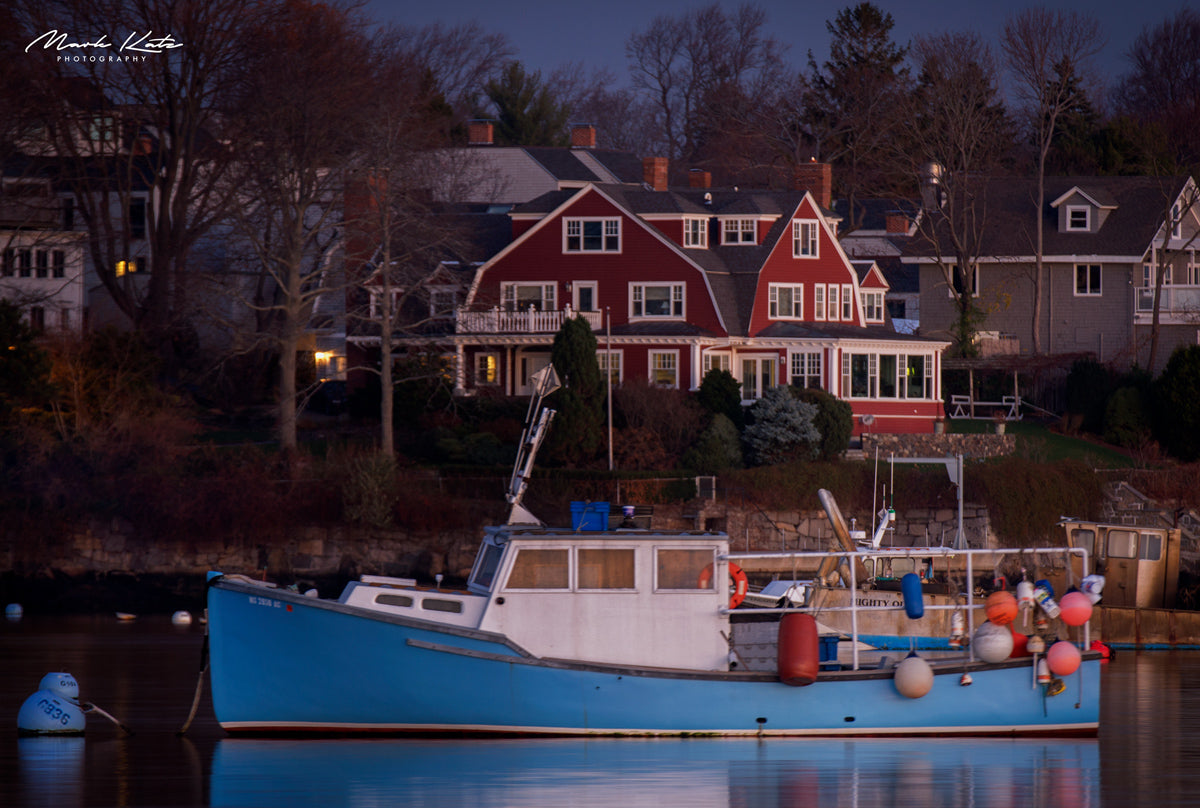 Vibrant harbor scene featuring iconic lobster boat, colorful maritime fine art coastal photography.