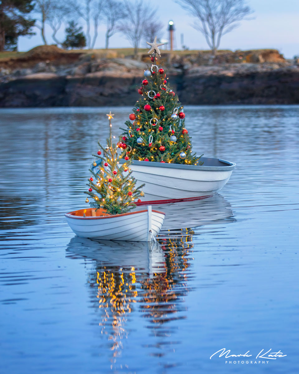 First Harbor Company Christmas boat, reflecting its light on calm blue water, limited edition