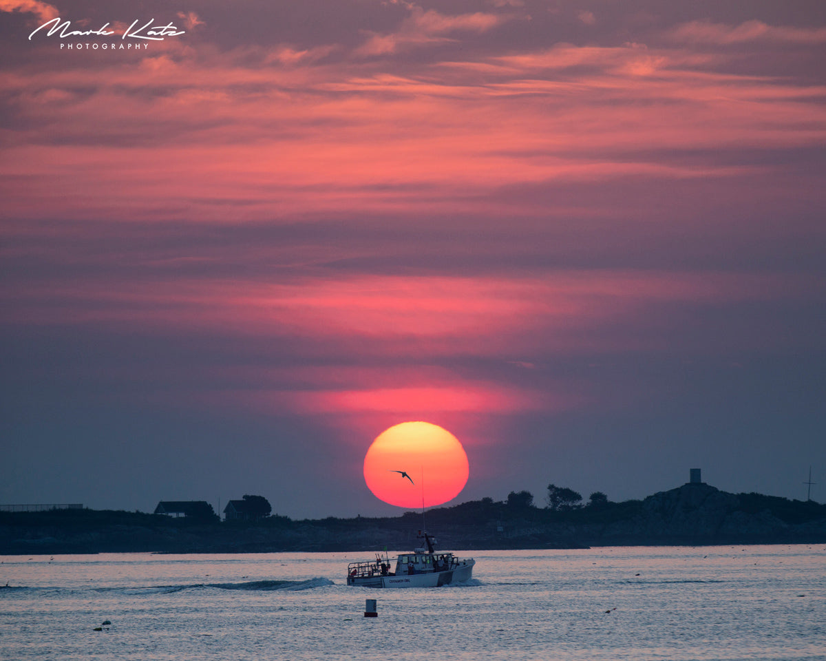 Bright sun rising like fireball over horizon, dynamic fine art seascape photography for dramatic spaces.