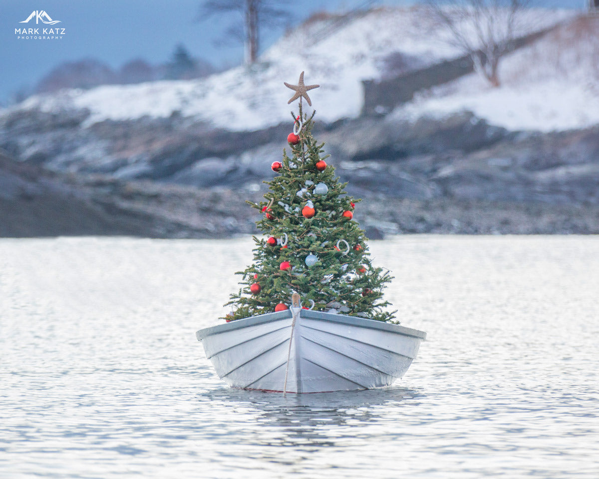 First Harbor Company Christmas boat floating in harbor, festive nautical photograph limited 2023 edition.