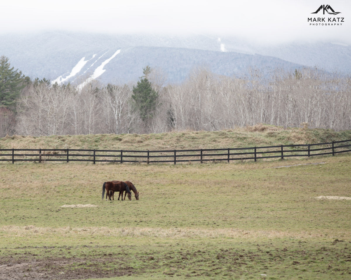 Vermont countryside with snow on distant mountains, signaling prelude to winter by Mark Katz Photography.