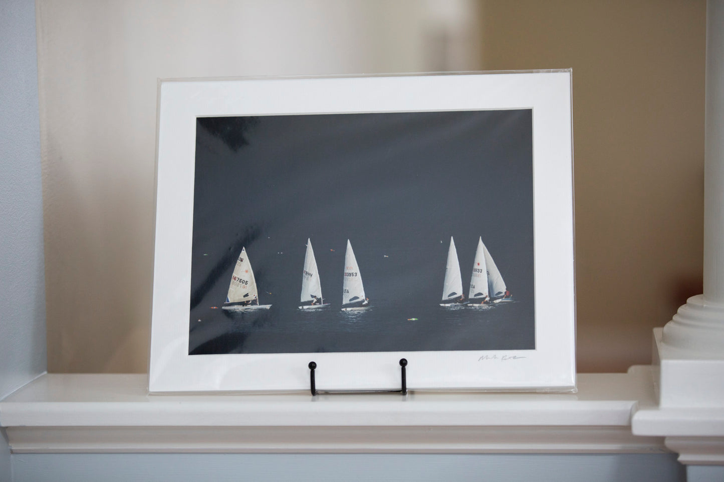 High contrast matted artwork of sailboats in Marblehead- coastal accented photography by Mark Katz