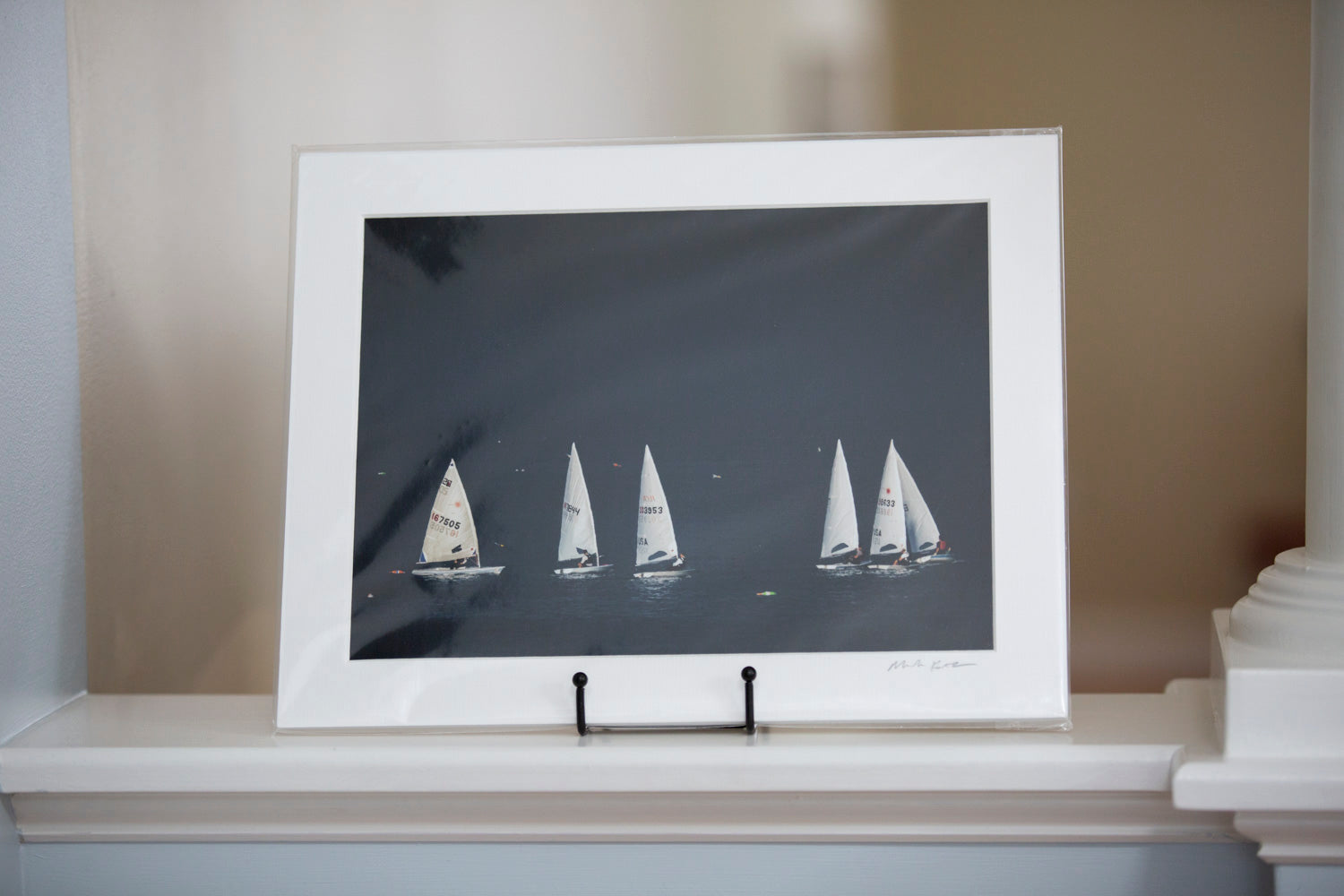 High contrast matted artwork of sailboats in Marblehead- coastal accented photography by Mark Katz