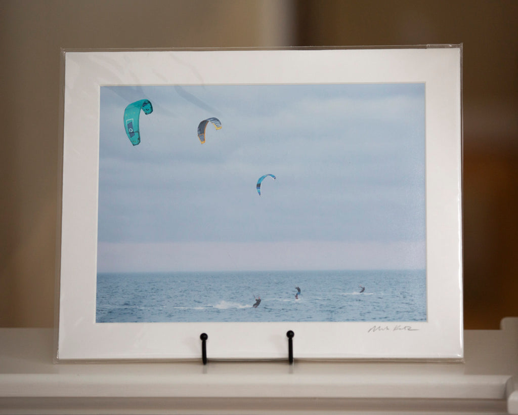 Matted print of kite surfers on a calm sea by Mark Katz Photography
