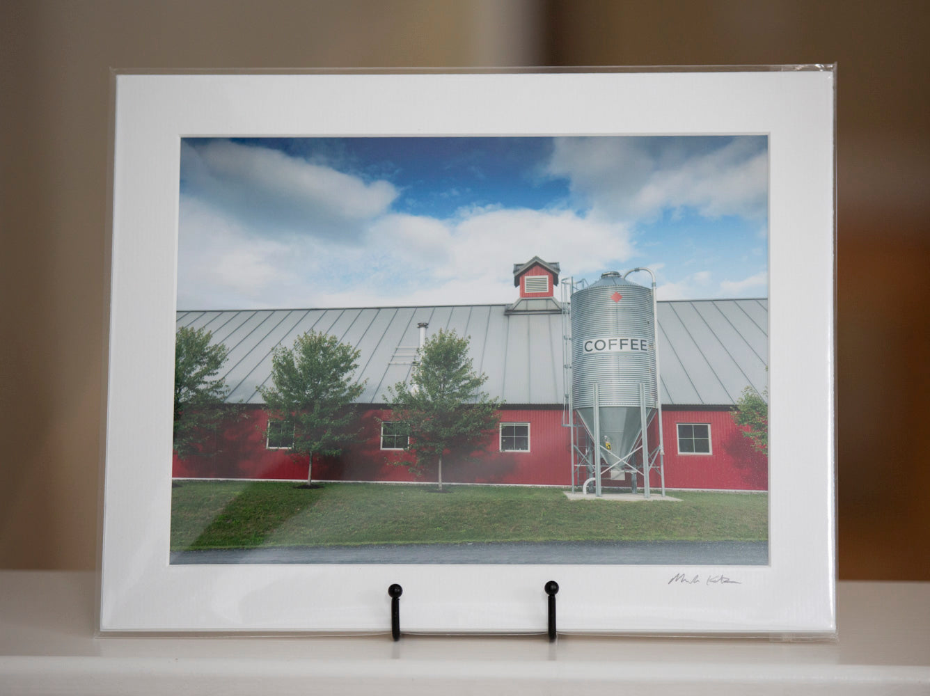 Matted print of a red barn that doubles as a coffee shop, by Mark Katz Photography