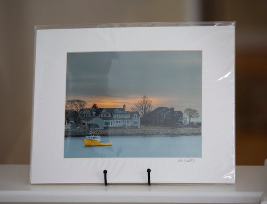 Matted photograph of a yellow boat in Swampscott by Mark Katz Photography