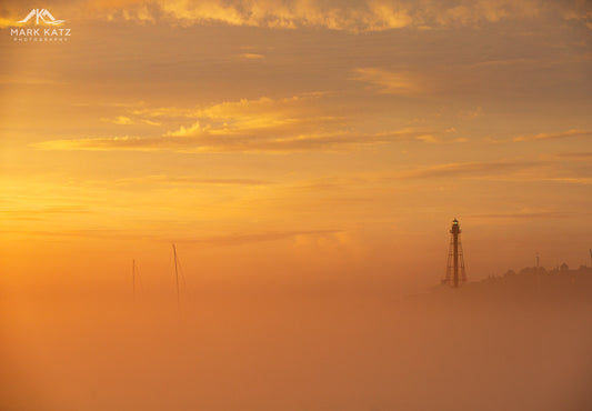 Golden sunrise illuminating foggy sky, atmospheric golden fog fine art photography for dramatic decor.