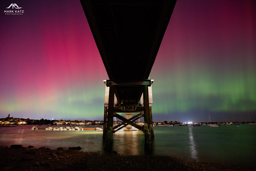 Intense aurora borealis underneath Eastern Yacht Club pier; stunning fine art photography