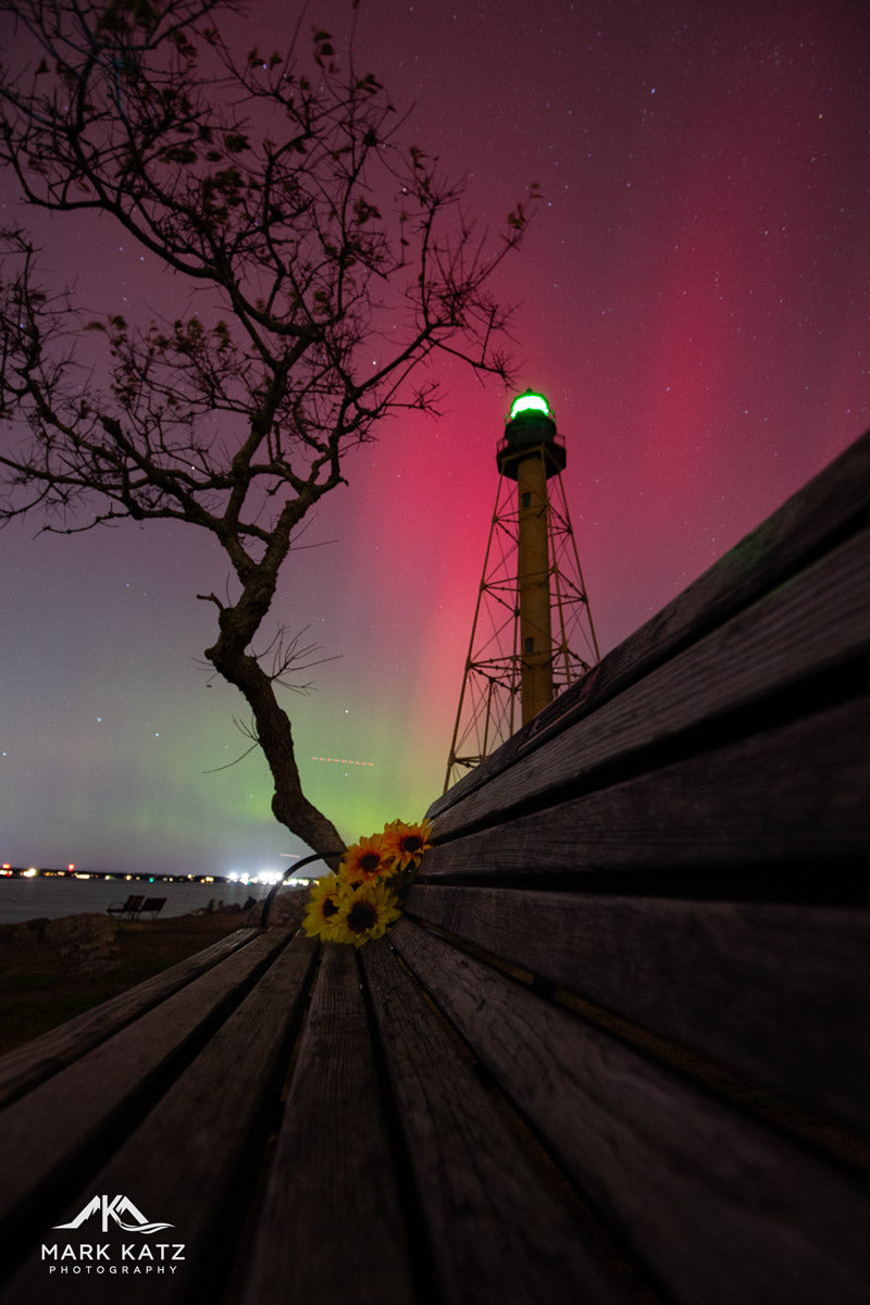 Stunning northern lights display over Marblehead Light; fine art photography by Mark Katz