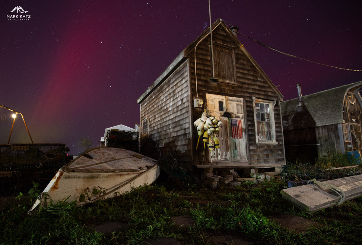 Northern lights over the shanties in Marblehead; coastal fine art photography