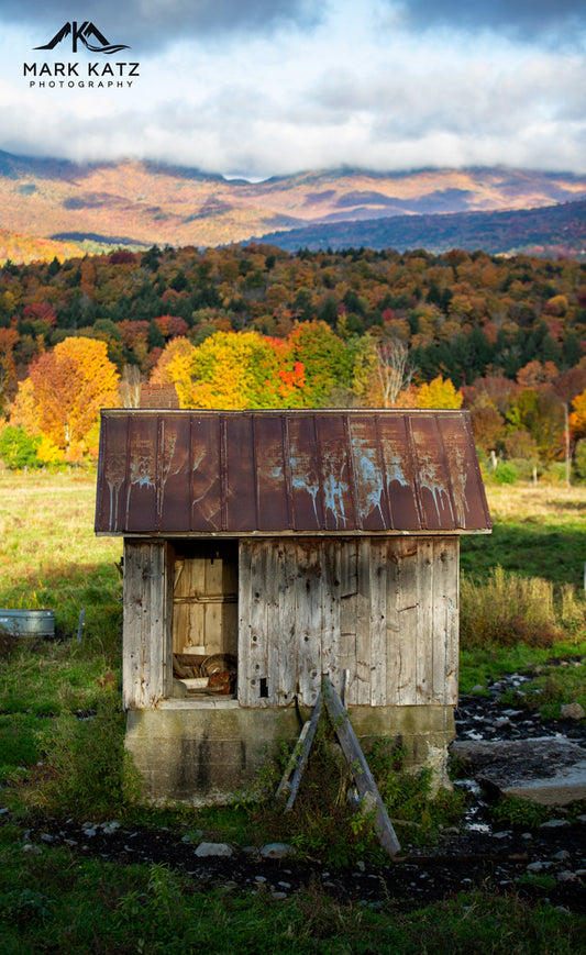 Autumn in the Mad River Valley, Vermont- a lone shack captured by Mark Katz Photography.