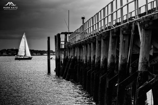 Black and white pier photograph at Fisherman's Beach in Swampscott MA, modern fine art decor piece.