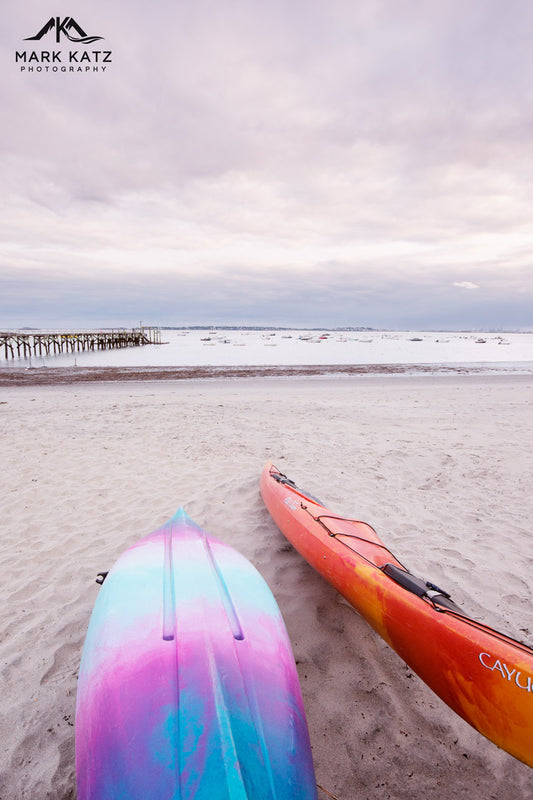 Colorful kayaks; vibrant nautical fine art photograph for coastal interiors.