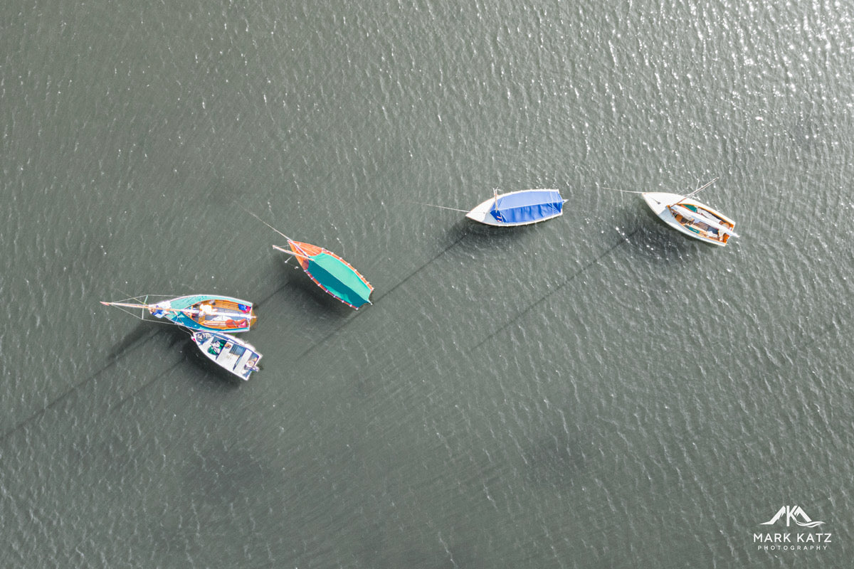 Aerial view of Racers Row in Marblehead, MA; dynamic nautical fine art photography for modern decor.