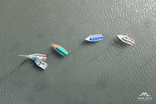 Aerial view of Racers Row in Marblehead, MA; dynamic nautical fine art photography for modern decor.