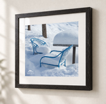 Blue Chairs Beneath Snow in Ebonized Oak frame with white archival mat