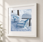 Blue Chairs Beneath Snow in Flat White frame with white archival mat