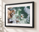 Castle Rock Marblehead Coastal Wall Art – Aerial Ocean Photography in Flat Black frame with white archival mat