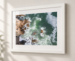 Castle Rock Marblehead Coastal Wall Art – Aerial Ocean Photography in Flat White frame with white archival mat
