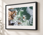 Castle Rock Marblehead Coastal Wall Art – Aerial Ocean Photography in Gallery Black frame with white archival mat