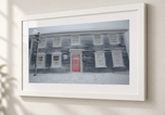 Red Door in Snow in Flat White frame with white archival mat