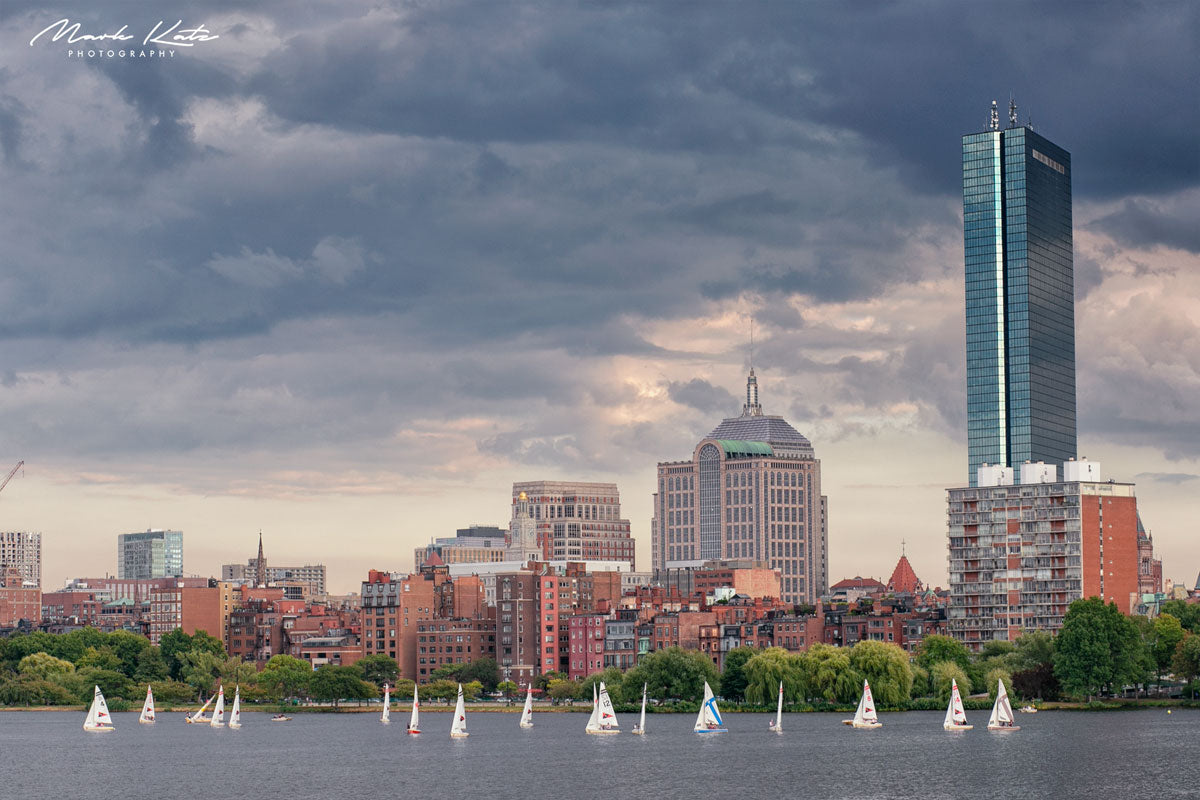 Panoramic view of Boston skyline on clear day, picturesque Boston fine art cityscape photography.