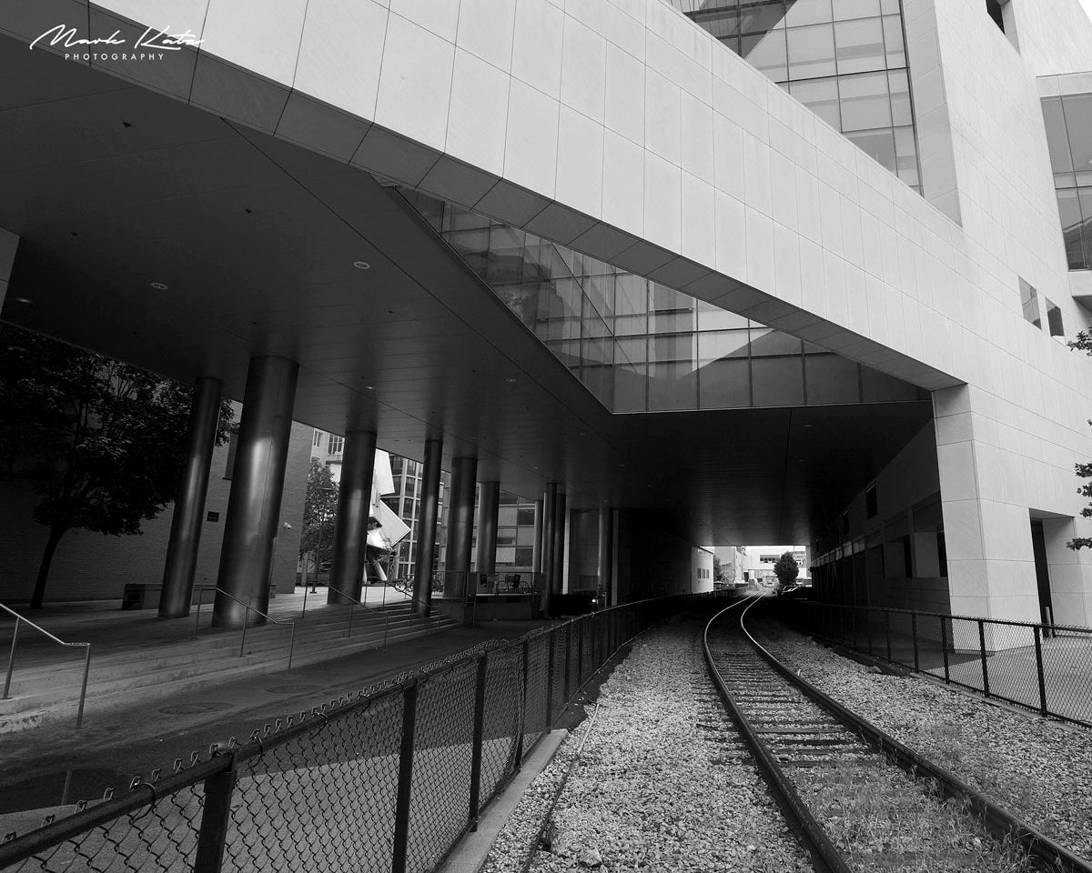 Urban railroad tracks through Technology Square, gritty fine art cityscape photography of Cambridge.