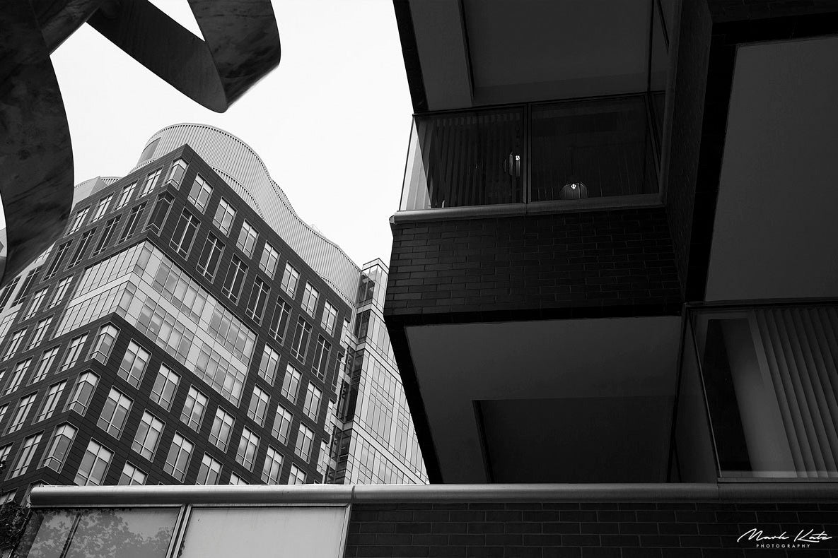 Abstract architectural shapes in black and white, modern fine art photography of Cambridge cityscape.