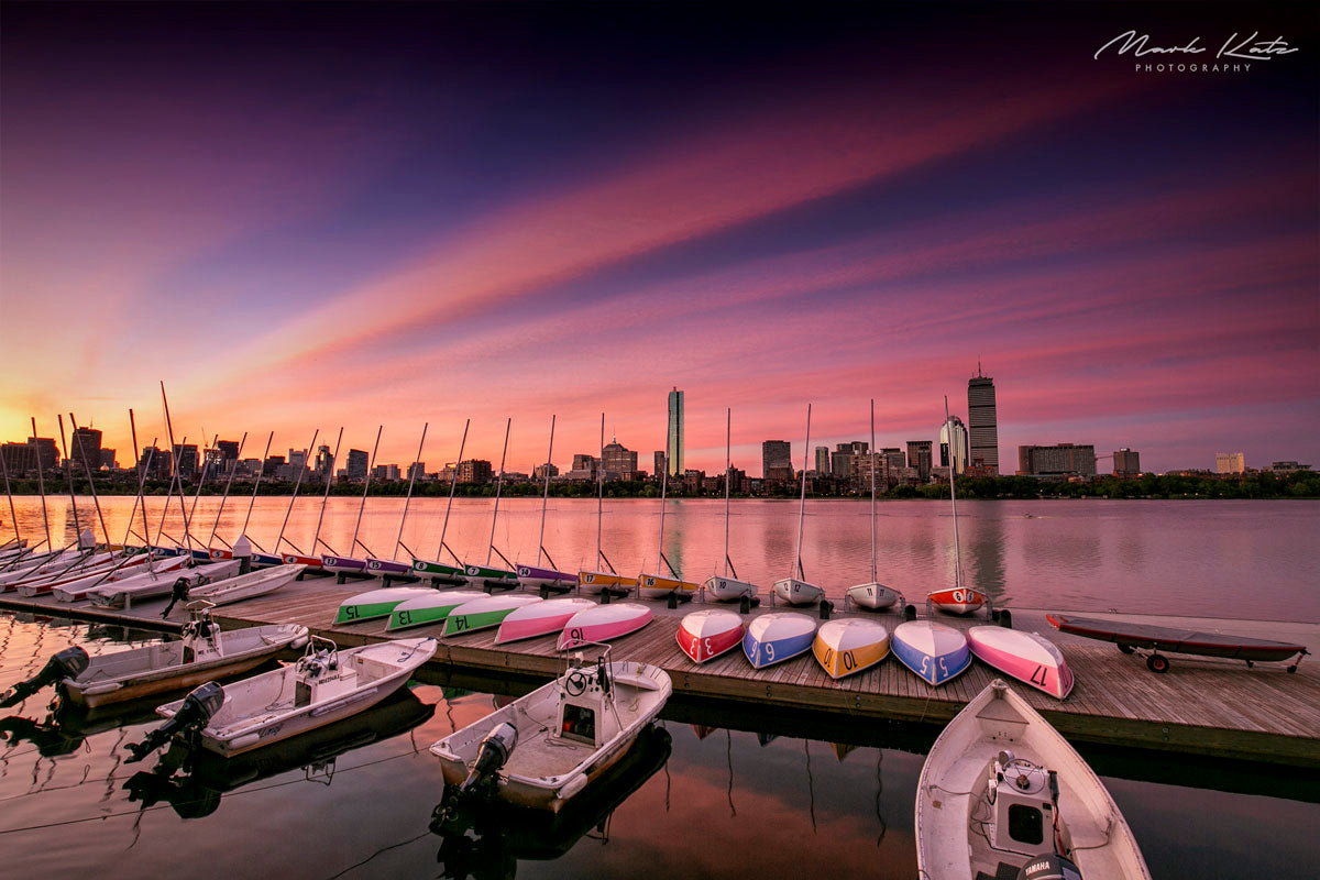 Ocean horizon glowing under striated sunrise colors, vibrant nautical fine art photography print.