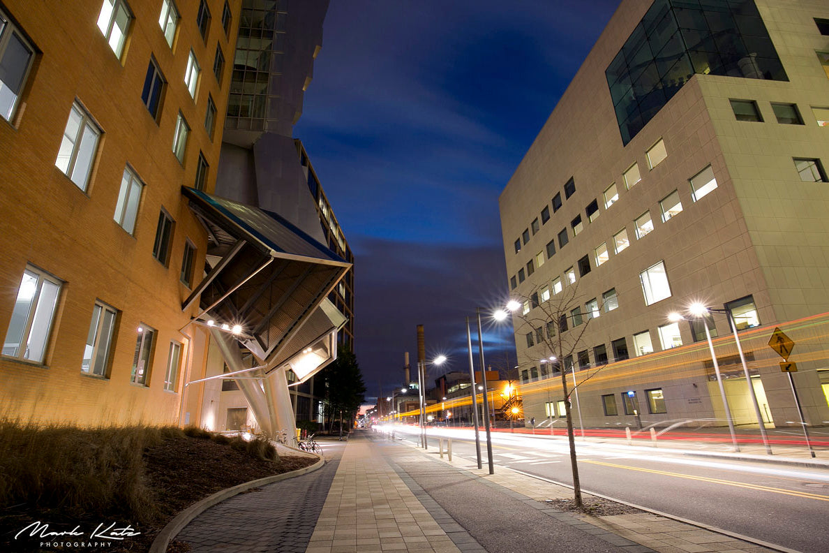 Urban architectural view of MIT thoroughfare, modern fine art photography for architectural enthusiasts.