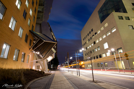 Urban architectural view of MIT thoroughfare, modern fine art photography for architectural enthusiasts.