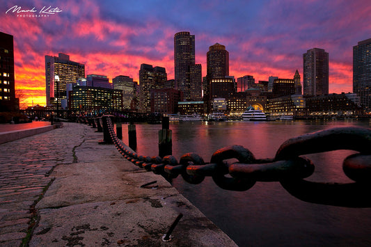 Boston skyline glowing pink at twilight, urban cityscape fine art photography by Mark Katz