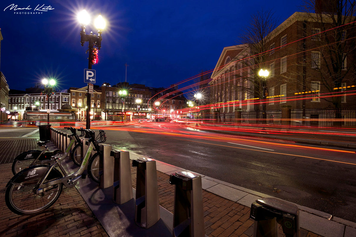 Vibrant Harvard Square glowing at night, classic Cambridge fine art cityscape photography for urban decor.