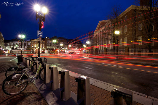 Vibrant Harvard Square glowing at night, classic Cambridge fine art cityscape photography for urban decor.