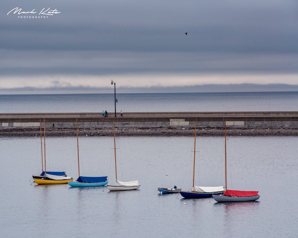 Townie sailboats forming artistic pattern on ocean surface in Marblehead, MA by Mark Katz Photography