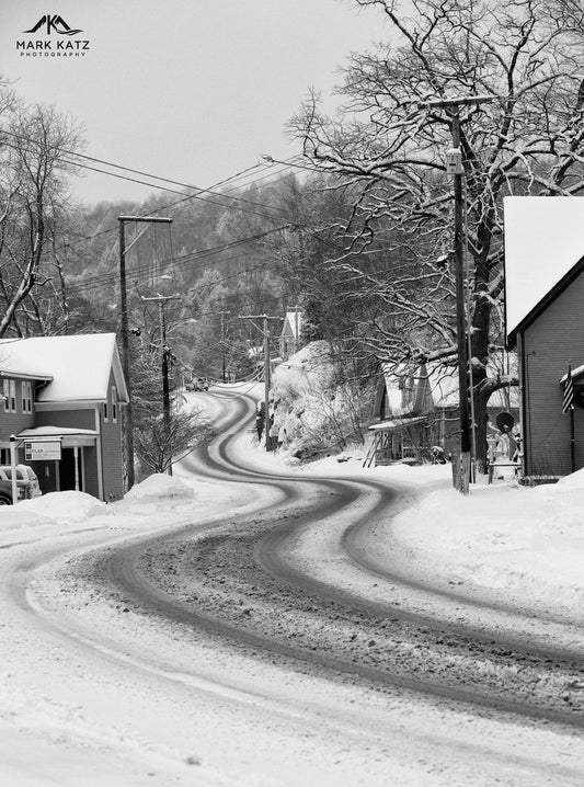 Curvy snowy road in Vermont, classic winter scene fine art photography for nostalgic decor.