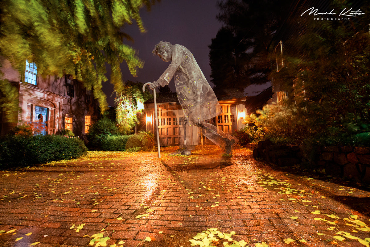 Halloween installation of an old man walking by Tom Saltsman in Marblehead, MA 