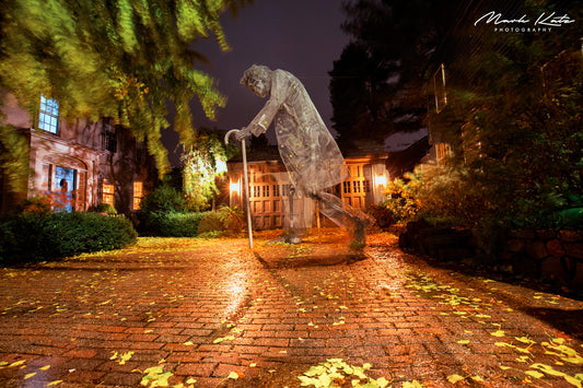 Halloween installation of an old man walking by Tom Saltsman in Marblehead, MA 