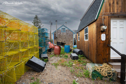 Rustic shanties along Marblehead waterfront, coastal architecture fine art photography for nautical homes.