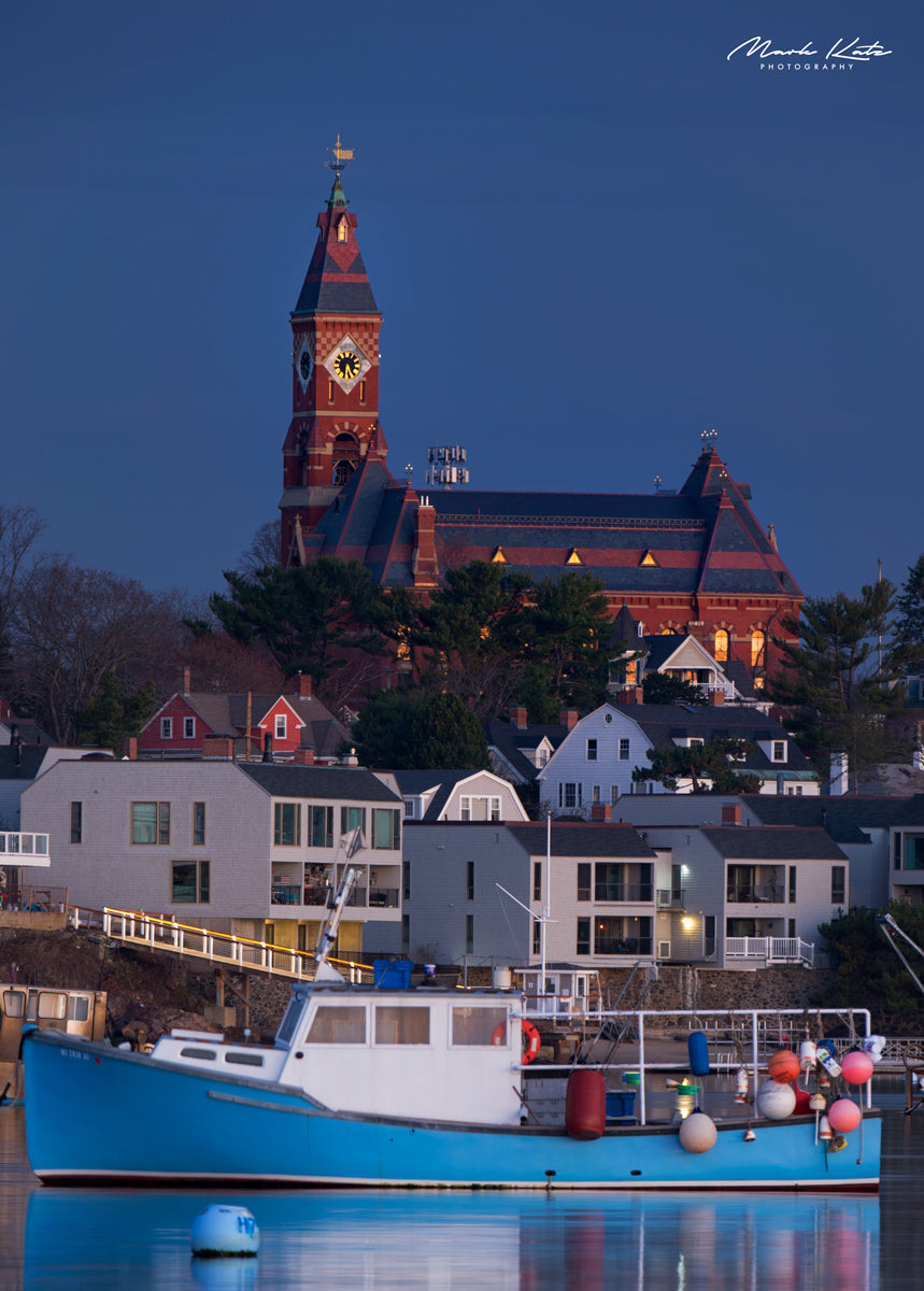 Brightly colored lobster boat docked in harbor, classic nautical fine art photography