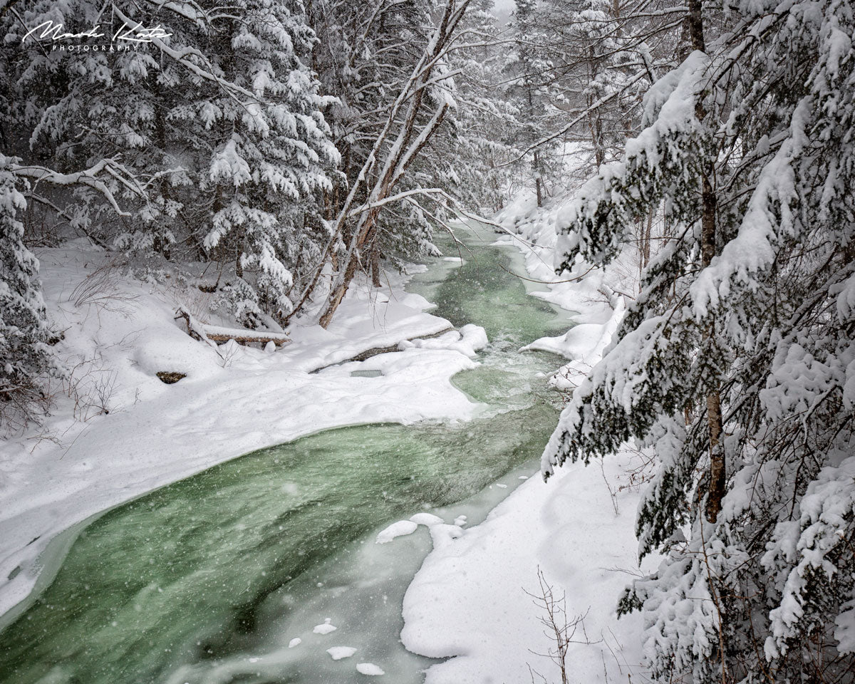 Mad River flowing through snow, vibrant emerald stream fine art landscape photography.