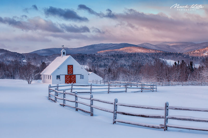 Snow covered split fences in Vermon't Mad River Valley- fine art photography for winter homes.
