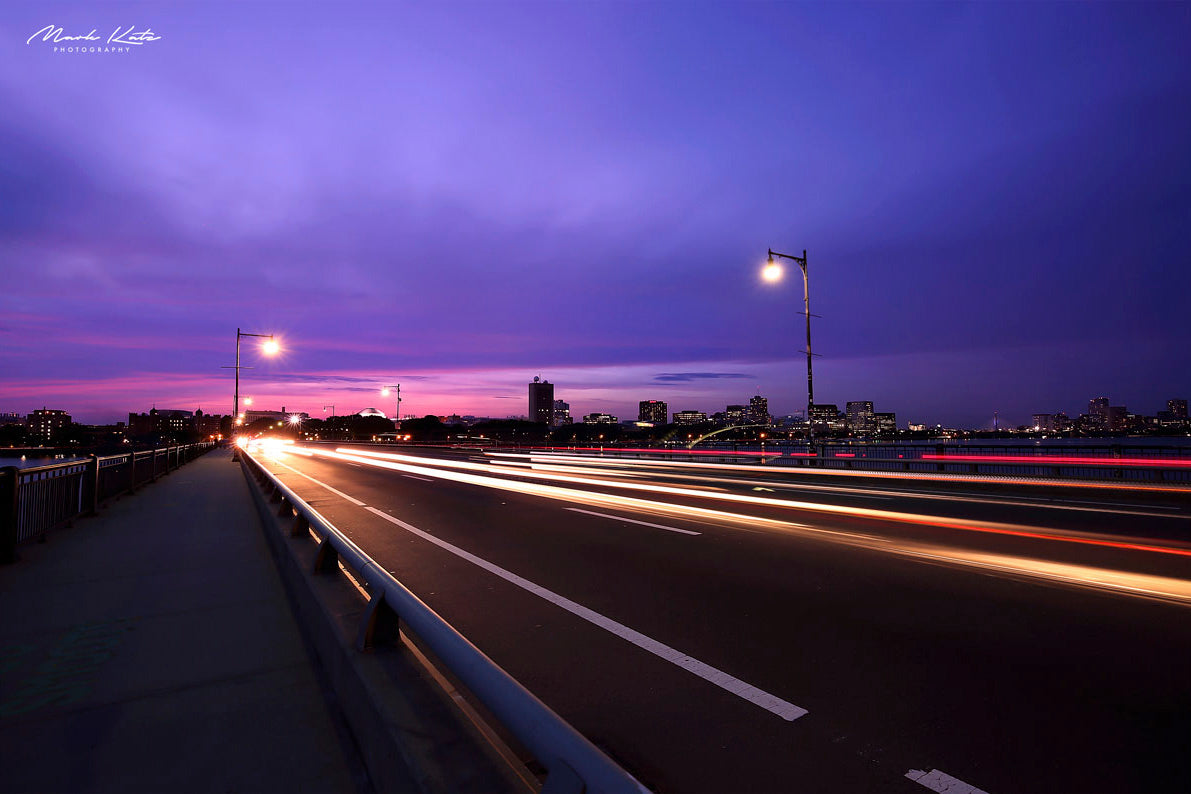 Bright city lights lining Mass Ave at night, urban fine art photography perfect for Boston lovers.