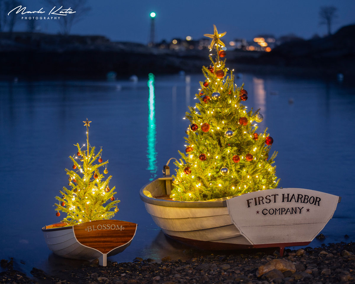 First Harbor Christmas boats in Marblehead- striking nighttime waterfront photography scene.