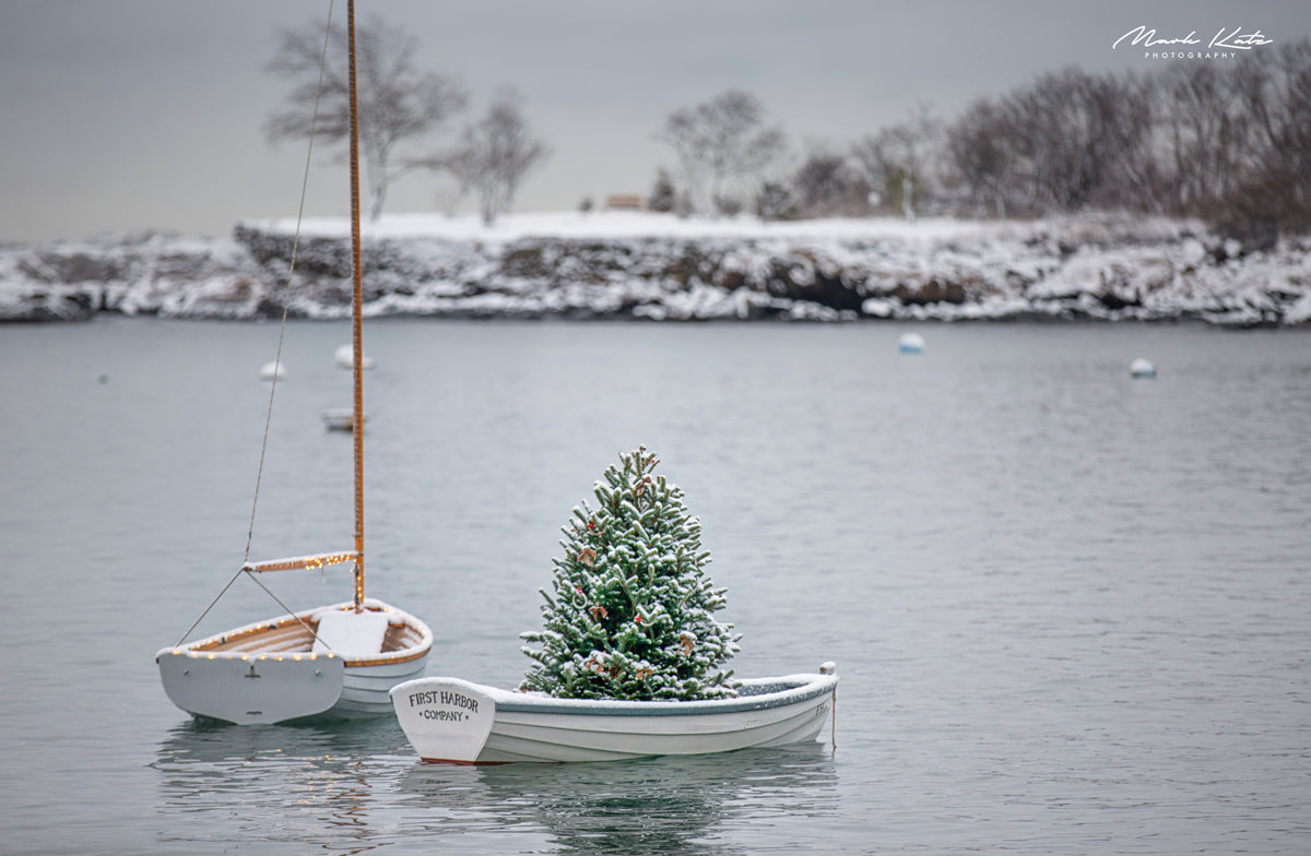 Snowy boats in Marblehead harbor, quiet winter harbor fine art photography for seasonal homes.