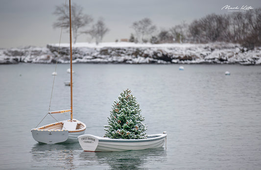 Snowy boats in Marblehead harbor, quiet winter harbor fine art photography for seasonal homes.