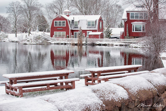 Snow blanketing Redd’s Pond, tranquil winter snowscape fine art photography.