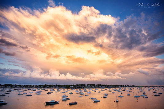 Massive thunderstorm cell over Marblehead, MA under a vibrant sunset sky, by Mark Katz Photography